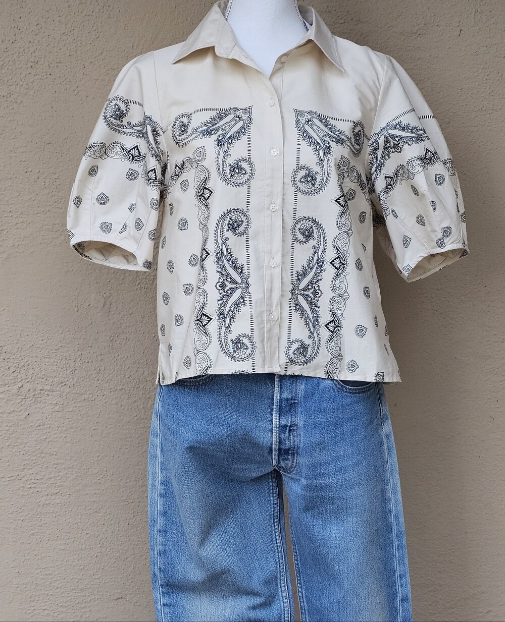 J. Crew Bandana Print Puff Sleeve Button Down Shirt In Cream & Black Sz 8 NWT